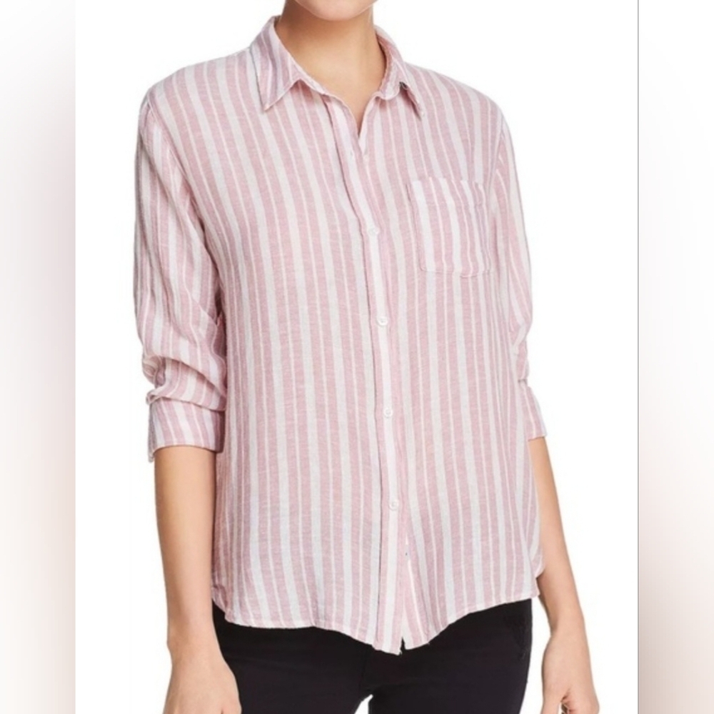Gap 100% Linen Boyfriend Fit Pink Striped Long Sleeve Button Up Shirt Women's S